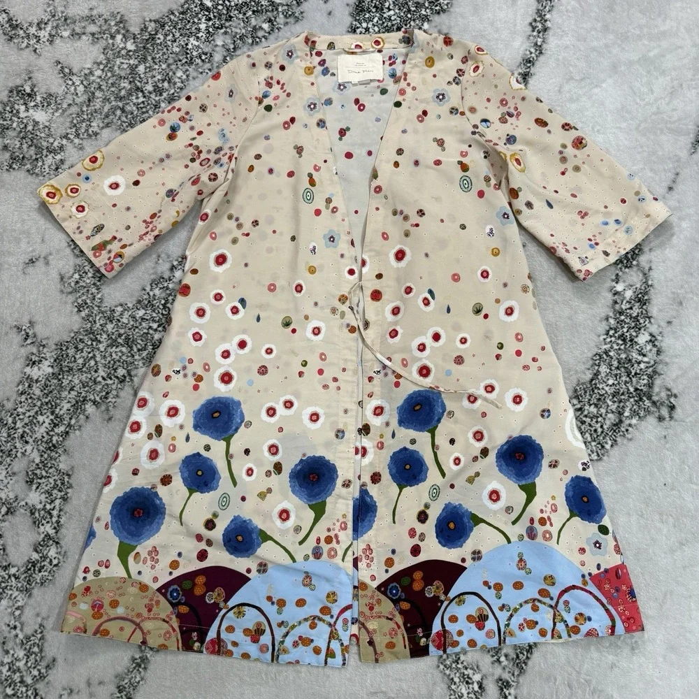 Diane Pieri Womens Size XS Floral Duster Jacket Colorful Art Print Open Front